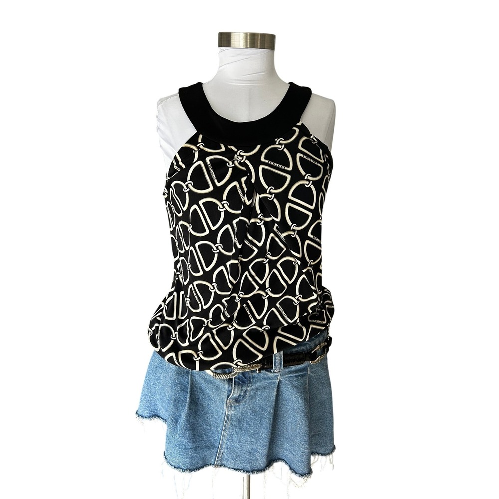 White House Black Market Black White Horsebit Chain Halter Top Blouse Medium